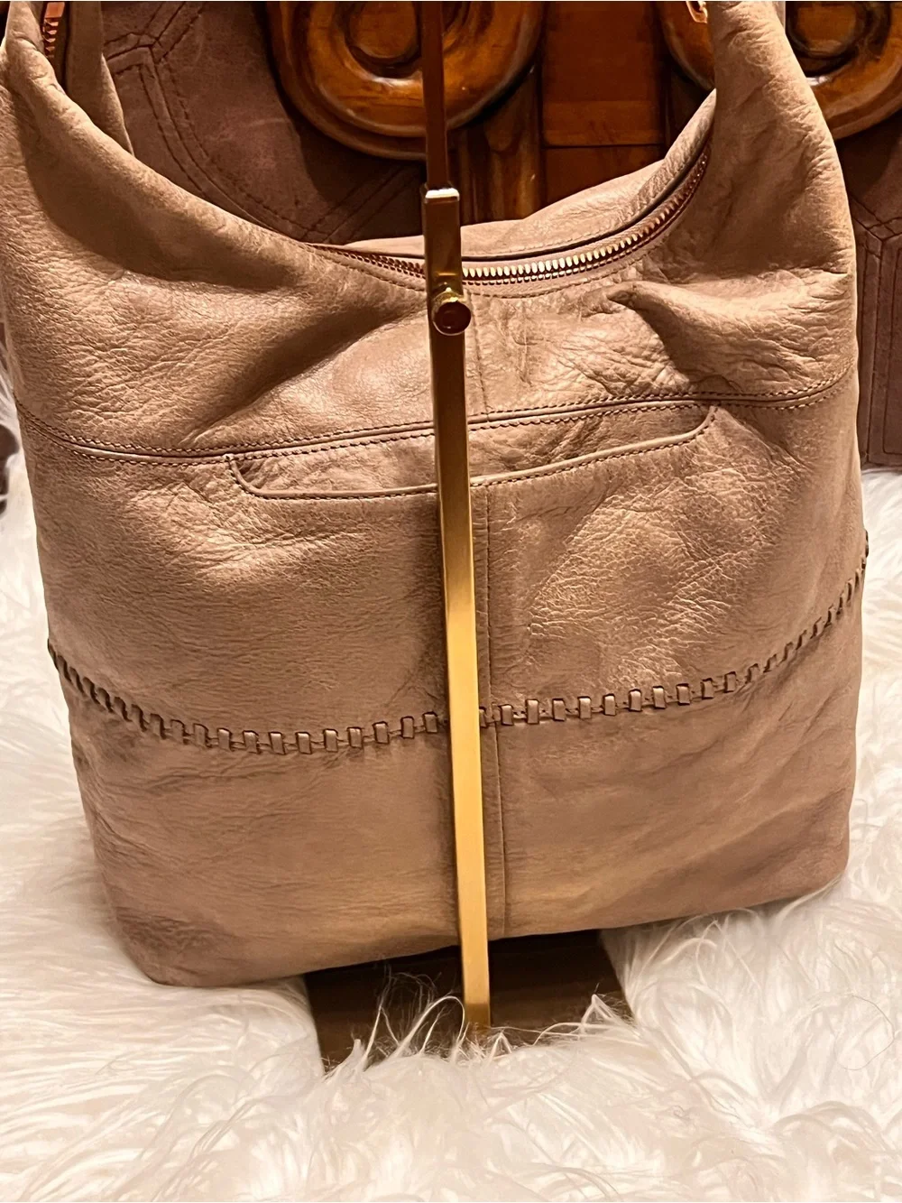 HOBO Taupe Braided-Handle soaf Leather Hobo Shoulder Bag